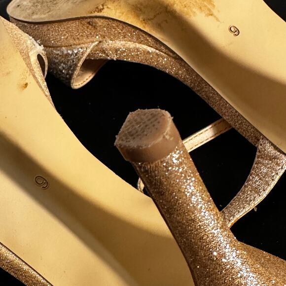 American Glamour Badgley Mischka Gold Glitter Strappy Heels Sz 6 - Picture 9 of 11